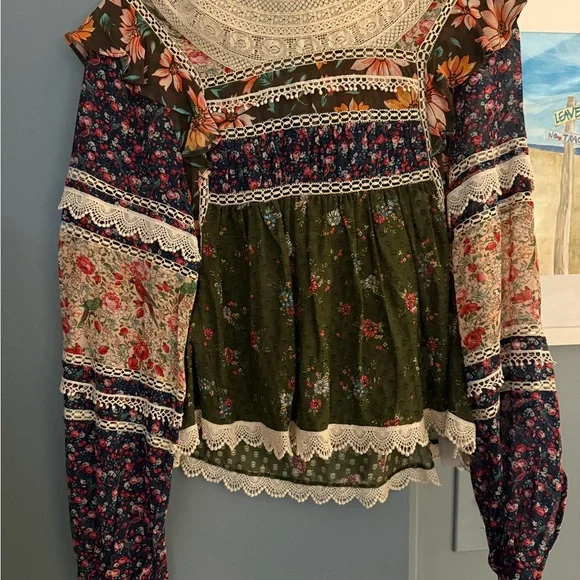 Farm rio Purple and Cream Tiered Ruffled Blouse with Bib Collar M - Picture 4 of 5